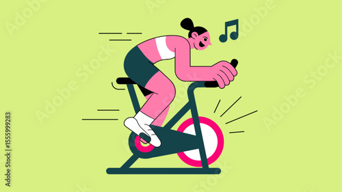energetic woman on stationary bike in spin class, vector illustration for indoor cycling, cardiovascular exercise and gym fitness workout