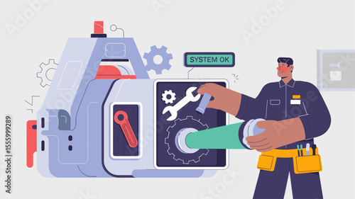 mechanic performing maintenance on industrial machine, vector illustration for technical repair service, factory equipment support and preventative care