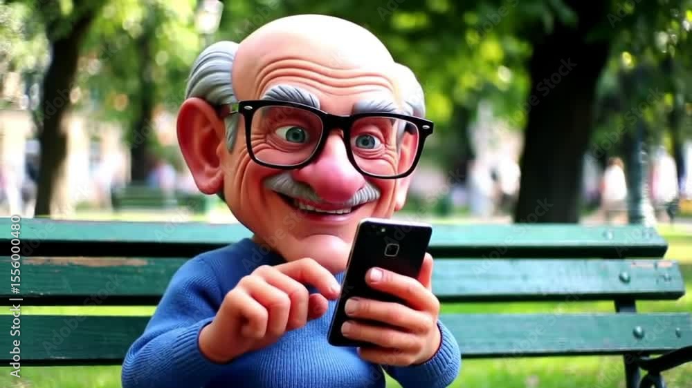 Idoso sentado em um banco de uma praça, digitando no celular.