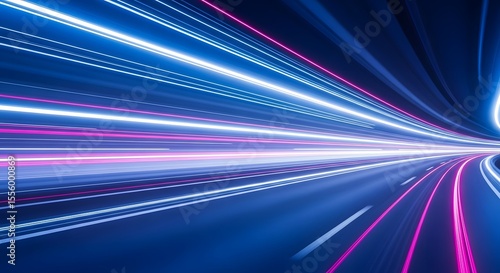 Blue and pink light trails streaking through a dark tunnel