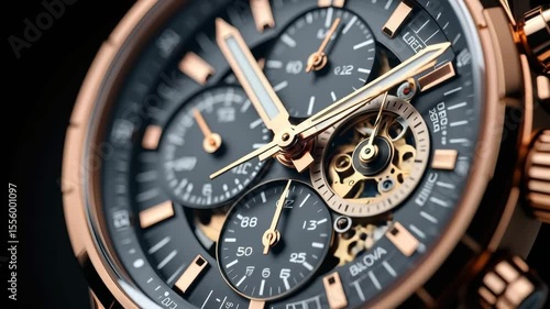 This showcase highlights a luxury timepiece featuring a stunning black dial with gold accents, intricate mechanisms and exceptional craftsmanship. A must-see for watch enthusiasts