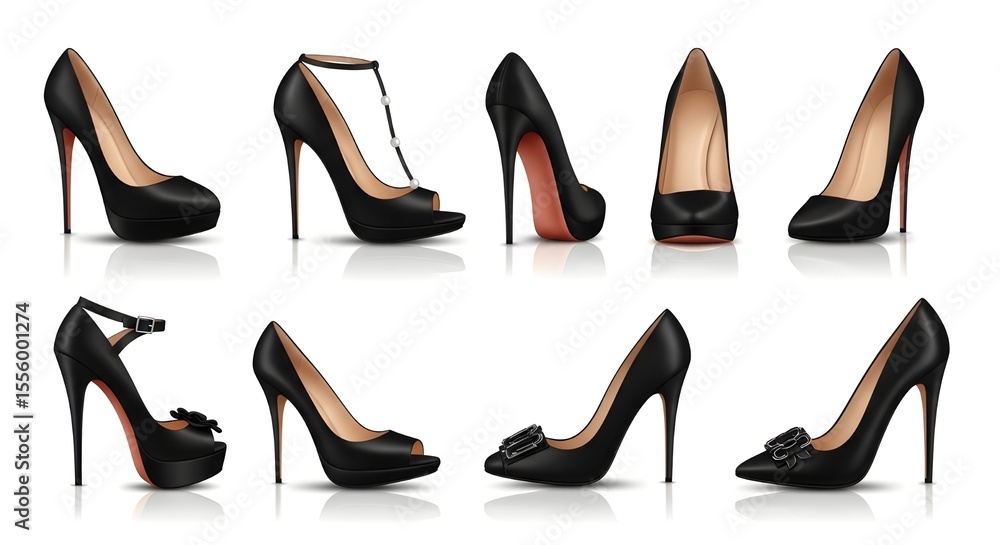 Elegant Black High Heel Shoe Collection on White | Fashionable Footwear for Luxury Lifestyle Advertising and E-commerce Elegant Black High Heel Shoe Collection on White | Fashionable Footwear for Luxury Lifestyle Advertising and E-commerce