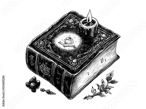 Halloween spellbook with candle engraving, spooky vintage sketch, hand-drawn horror motif, October illustration, old engraving style, occult art, mystical symbols, eerie decor