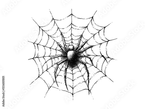 Spooky Halloween spider web corner, vintage engraved sketch, hand-drawn horror holiday design, black engraving style, seasonal decor element, creepy vintage artwork, haunted theme,