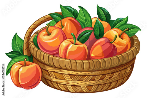 vector of Fresh peaches in a woven basket with green leaves isolated on white background.