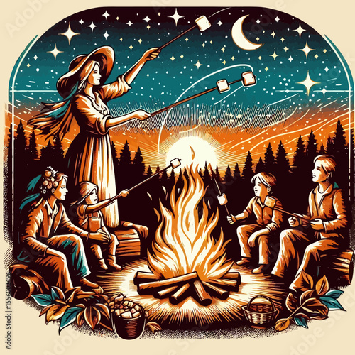 Camping friends gathering around campfire at night