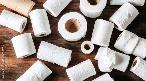 Overhead Shot of Multiple Toilet Paper Rolls on Wooden Surface