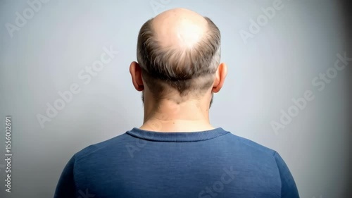 Man's bald head viewed from behind shows hair loss, pattern baldness, receding hairline, gray background, blue shirt, rear perspective