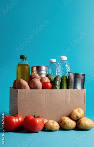 A cardboard box overflows with essential food and water supplies, ready for donation.