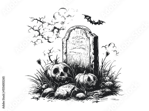 Halloween tombstone engraving, spooky vintage graveyard illustration, hand-drawn October decor, old black sketch style, seasonal horror motif, eerie Halloween art, creepy night scene,