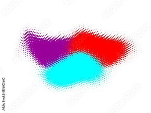 Abstract illustration of overlapping vibrant colors with halftone dot textures on black background