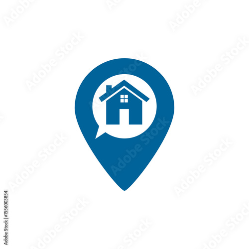 Cobalt blue location pin with house icon inside a speech bubble shape