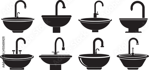 a bathroom sink and faucet silhouette, black and white silhouette, vector and illustration set