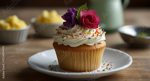 A gourmet vanilla cupcake adorned with vibrant sprinkles, elegantly displayed on a plate with a warm, inviting ambiance.