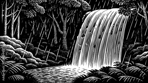 Rain fed waterfall rushing over sharp cliffs in a monsoon forest, a black and white sketch vector hand drawn