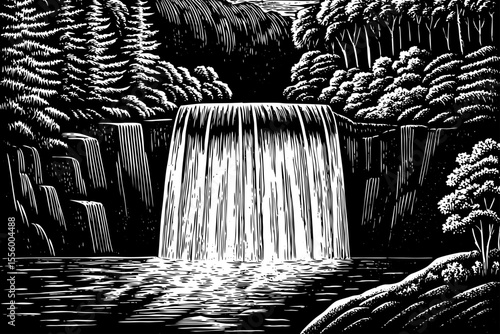 Rain fed waterfall rushing over sharp cliffs in a monsoon forest, a black and white sketch vector hand drawn