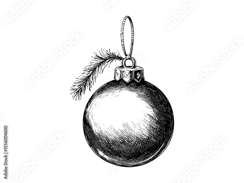 Vintage hand-drawn Christmas tree ornament, black line drawing, retro festive ball, antique winter engraving, holiday decor sketch, seasonal art illustration, rustic charm