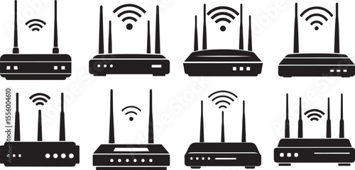 set of modern wifi router with antennas silhouette, black and white silhouette, vector and illustration