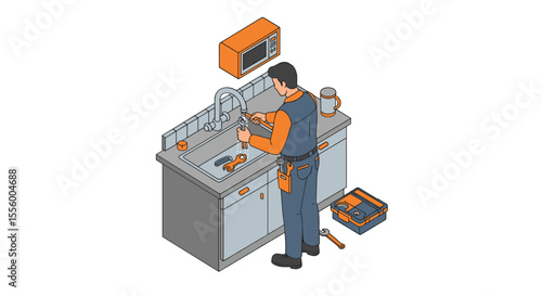 Professional plumber repair scene vector illustration for home improvement design in isometric style