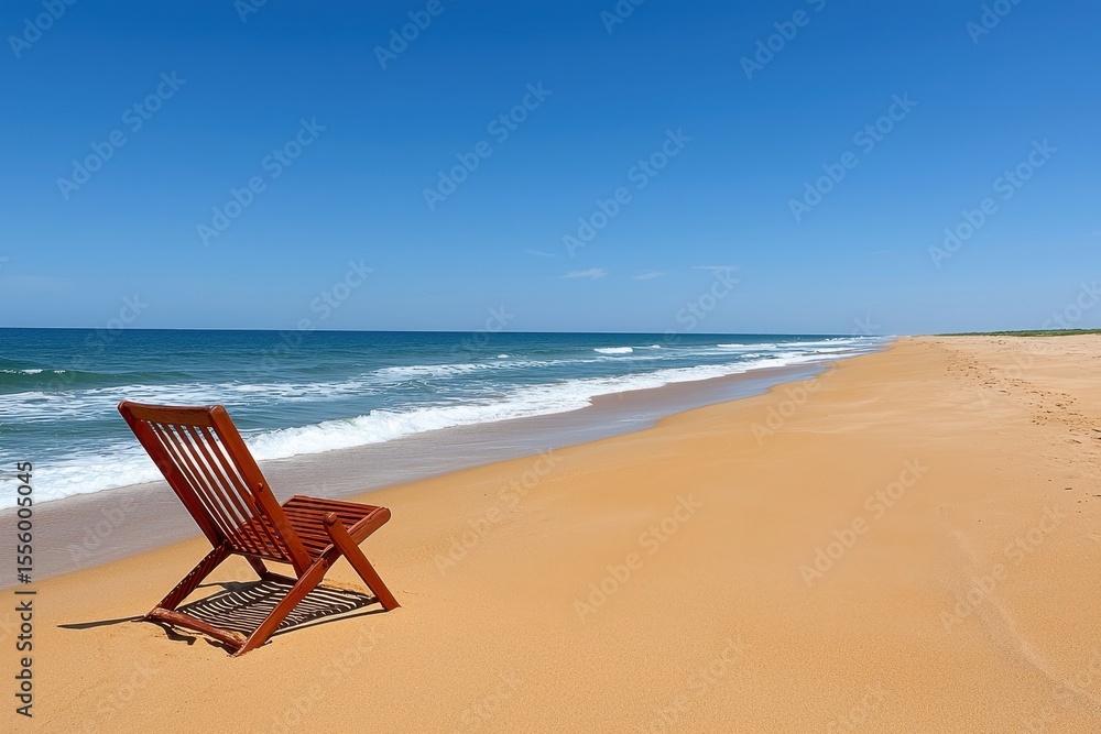 Wooden Chair on Sandy Beach Under a Blue Summer Sky Wooden Chair on Sandy Beach Under a Blue Summer Sky