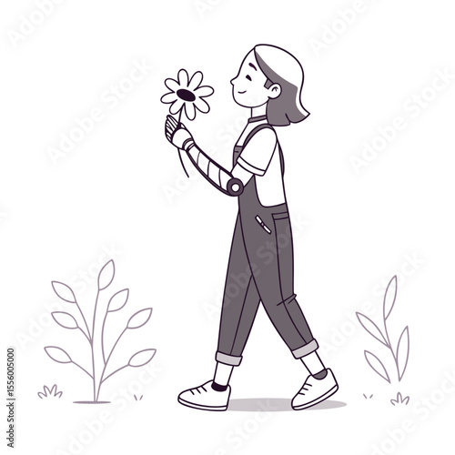 Kindred Spirit: A serene illustration of a young person with a prosthetic arm tenderly holding a flower, highlighting themes of resilience, inclusivity, and a deep connection with nature.