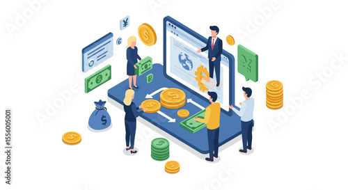 Isometric financial transaction vector illustration for digital currency and payment systems