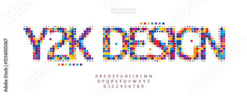 Y2K pixel alphabet, colorful playful mosaic font with funky glitch effect, multicolor digital typeface for nostalgic pop headline, vibrant music logo, abstract typographic art. Vector typeset.