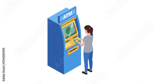 Isometric bank atm usage vector illustration for financial services and technology education