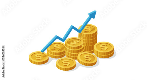 Financial growth vector illustration: isometric gold coins with rising arrow design for presentation