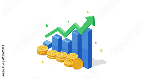 Business growth and revenue increase vector illustration for financial reports in 3d style