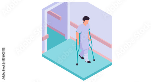 Recovery journey: isometric vector illustration of injured patient in hospital for healthcare design