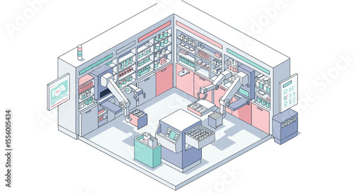 Futuristic pharmacy design vector illustration: isometric concept for automation and robotics in healthcare spaces
