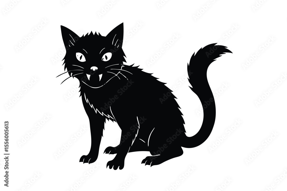 Obraz premium Creepy Black Cat Illustration with Glowing Eyes on White Background