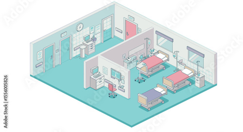 Isometric hospital room vector illustration for medical facility design