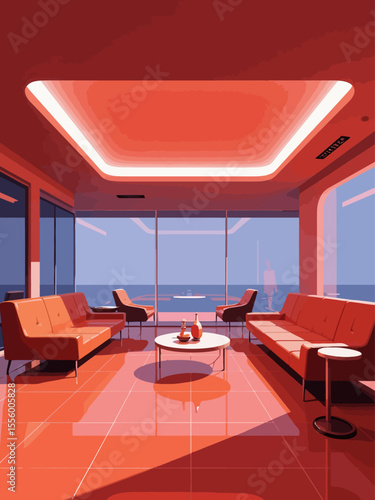 futuristic VIP lounge, luxurious minimalist interior, sleek leather sofas, smart glass partitions, soft warm ambient futuristic lighting, elegant sci-fi 