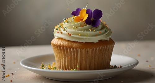 A hyper-realistic vanilla cupcake with sprinkles, artfully arranged on a plate, showcasing its freshness and gourmet appeal. 