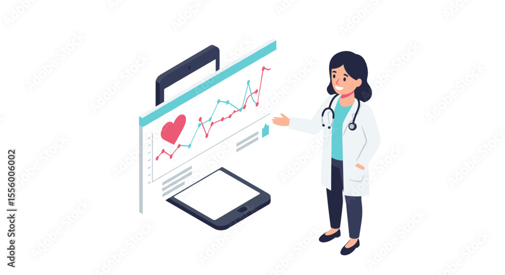 Fototapeta premium Healthcare technology: isometric vector illustration of doctor analyzing digital health data for design and print