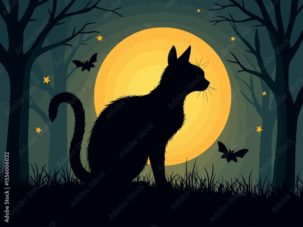 a black cat with arched back, perfect for Halloween at night with moon a black cat with arched back, perfect for Halloween at night with moon