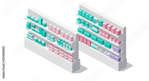 Isometric supermarket shelves vector illustration for retail design