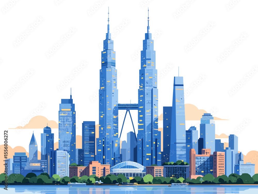 Obraz premium A skyline of skyscrapers with two taller identical towers centered