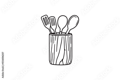 Stylish kitchen utensil holder with wooden line art and black color