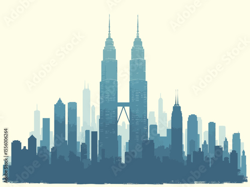  A skyline of skyscrapers with two taller identical towers centered