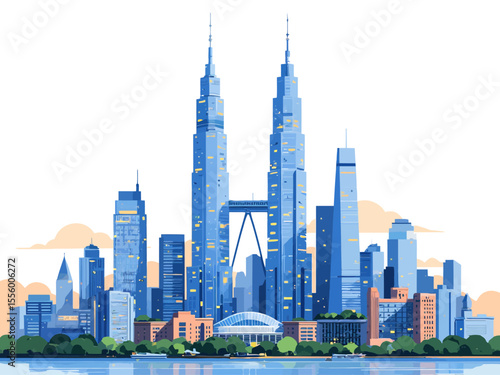  A skyline of skyscrapers with two taller identical towers centered