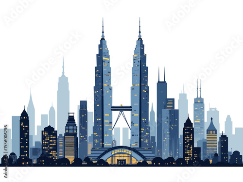  A skyline of skyscrapers with two taller identical towers centered