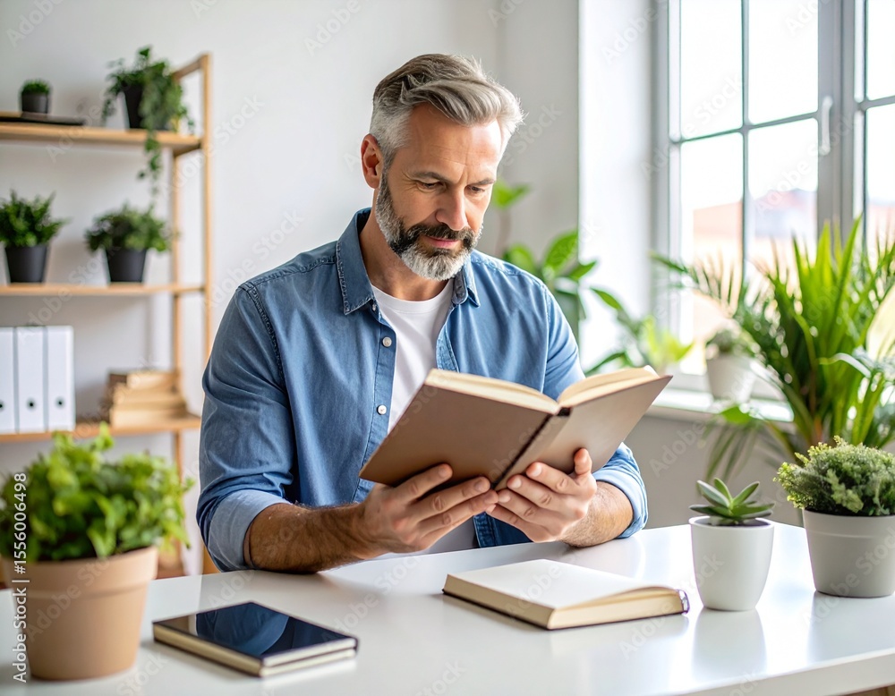 Fototapeta premium Middle-aged Man Reading Book in Home Office, Peaceful Atmosphere