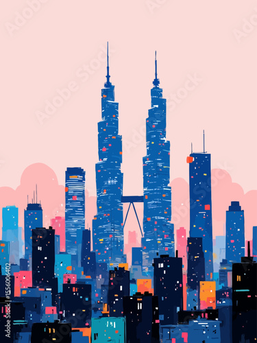  A skyline of skyscrapers with two taller identical towers centered