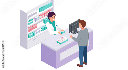 Pharmacy visit vector illustration - isometric design for poster or healthcare brochure