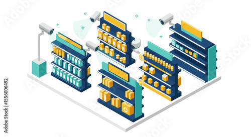 Isometric vector illustration of modern supermarket shelves with security cameras for retail design