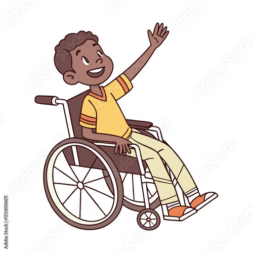 Happy Wheelchair Boy: A cheerful young boy with dark skin sits in his wheelchair, happily waving his hand.  His joyful expression radiates positivity and inclusion. 