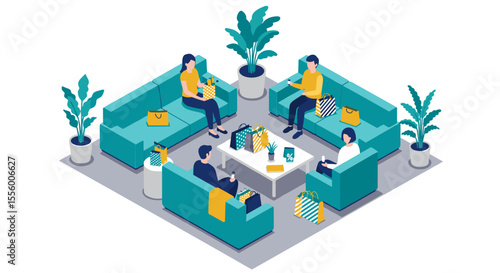Isometric shopping lounge vector illustration for retail design and promotions